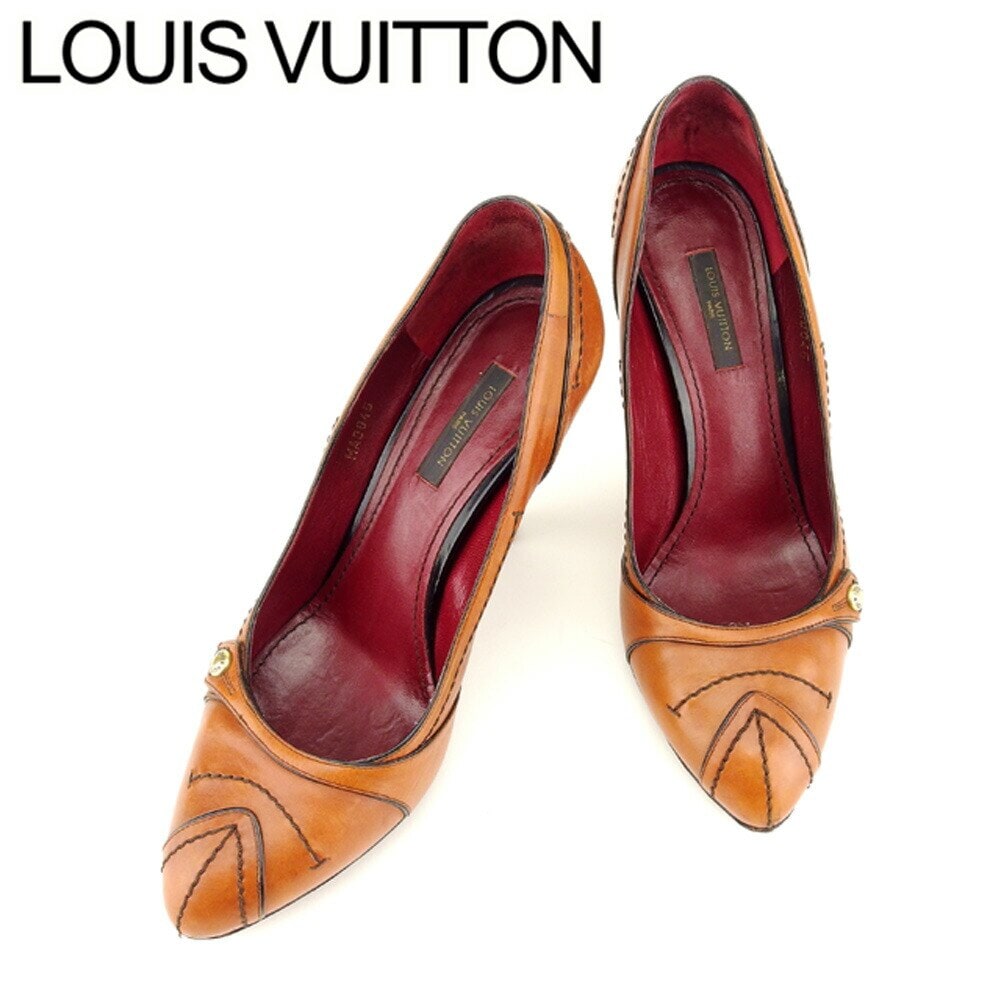 パンプス シューズ 靴 ステッチデザイン 37 ハイヒール ブラウン ゴールド 中古