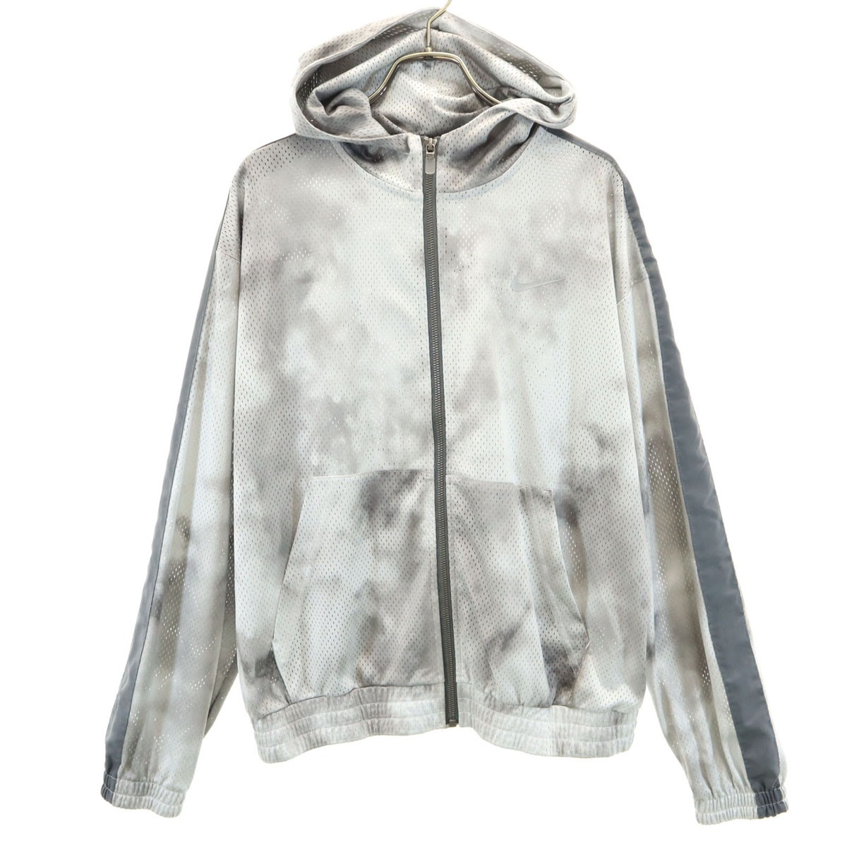総柄 長袖 メッシュ ジップパーカー L グレー メンズ 古着