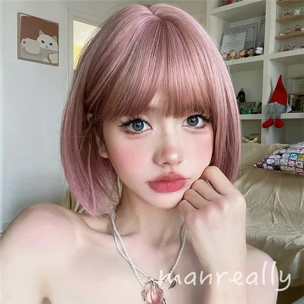 ピンクウイッグ フルウィッグ ショートボブ ピンク系 襟足すっきり 自然 通気 ウェーブ 前髪 ミディアム かつら レディース 小顔効果 耐熱ウィッグ 大人 かっこいい 日常 普段使い パーティー 女