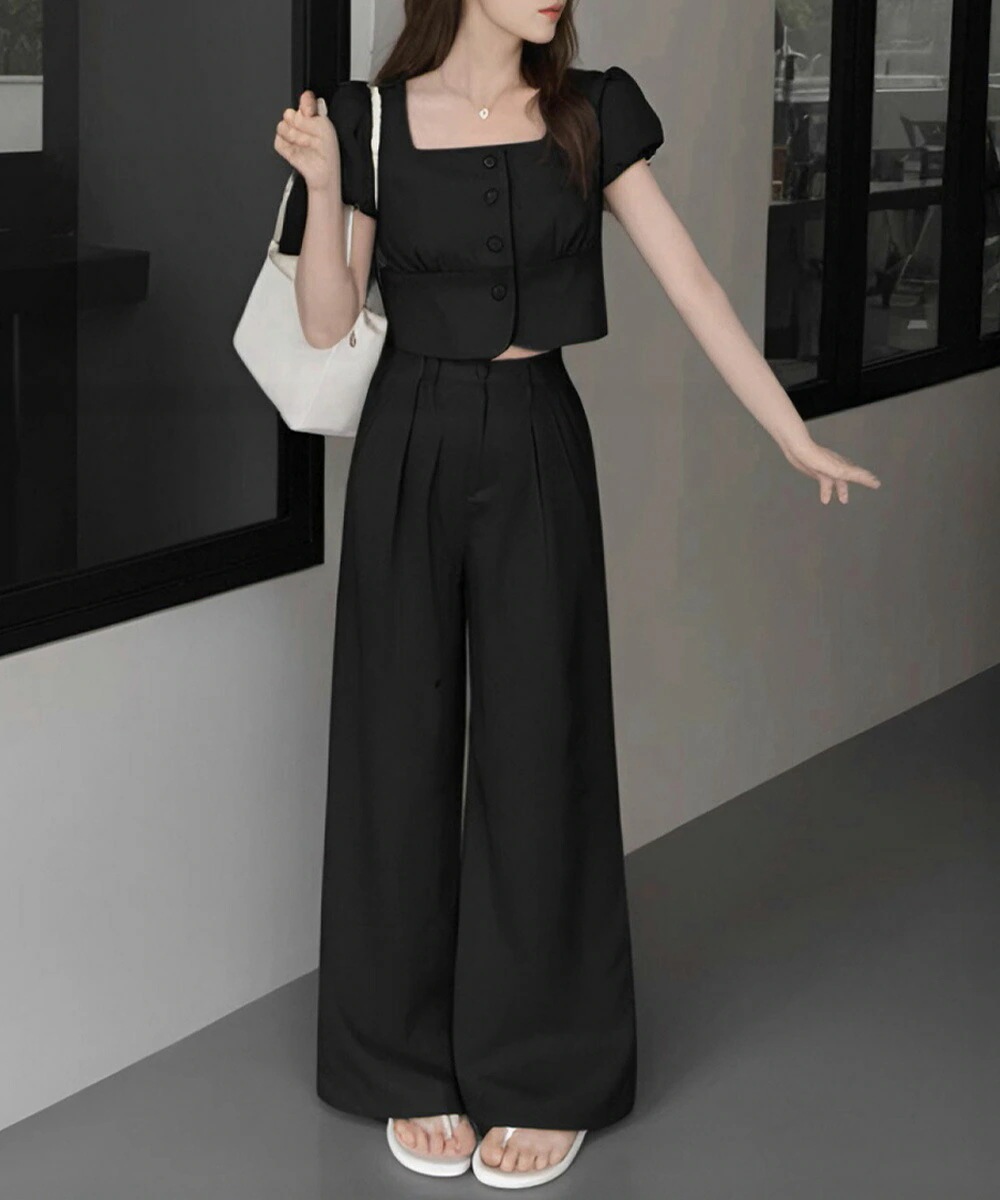 販売中S～M2色ブラック アイボリー トップスパンツセット 半袖トップス＆ワイドパンツ おしゃれ着 お出かけ デート 旅行 韓国風ファッション インスタ 撮影 アイドルセットアップ春夏半袖