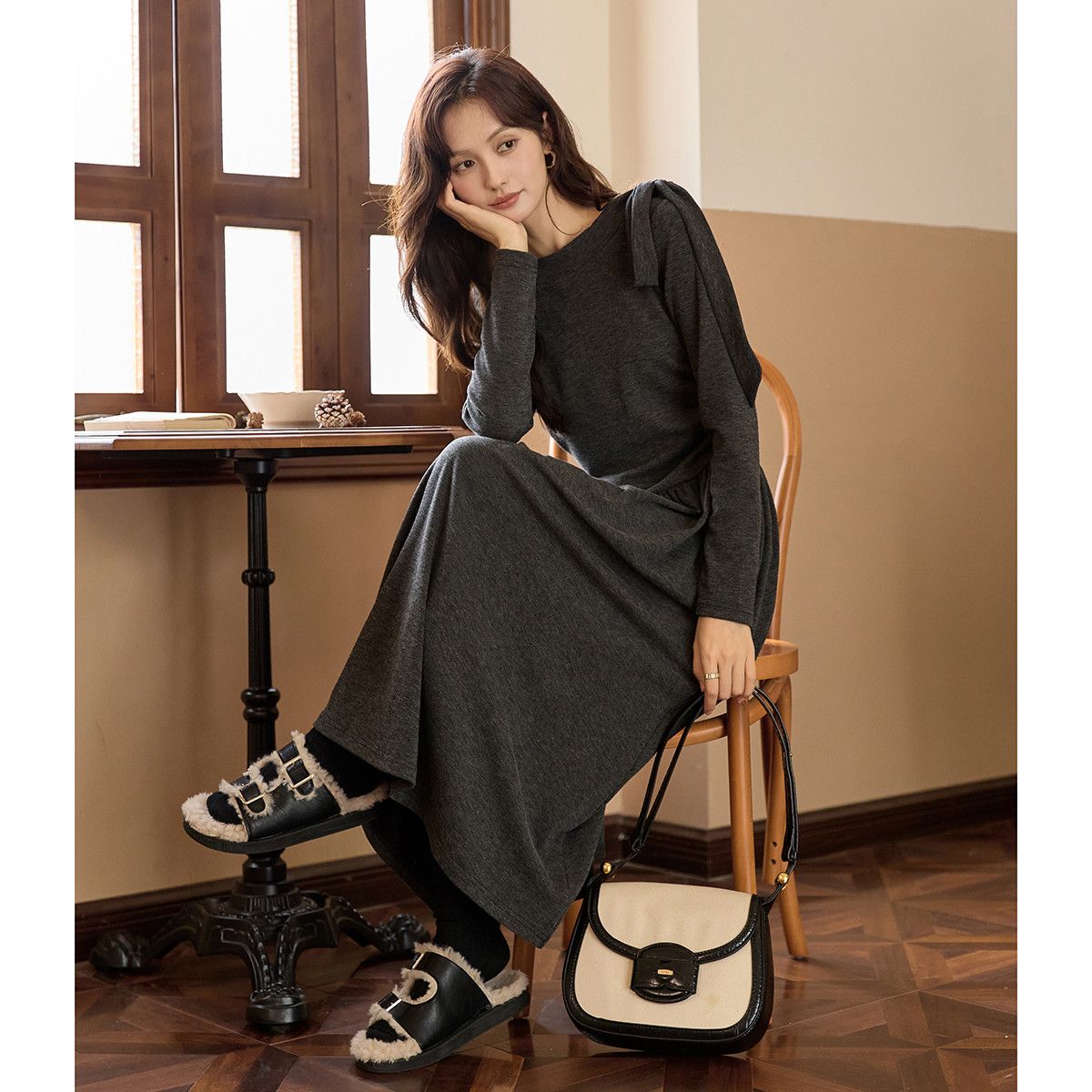 デザインヴィンテージストラップワンピース プチロングワンピース フレンチロングスリーブニットワンピースワンピース ワンピースレディース ドレス ロングワンピース ニットワンピース ワンピース レディー