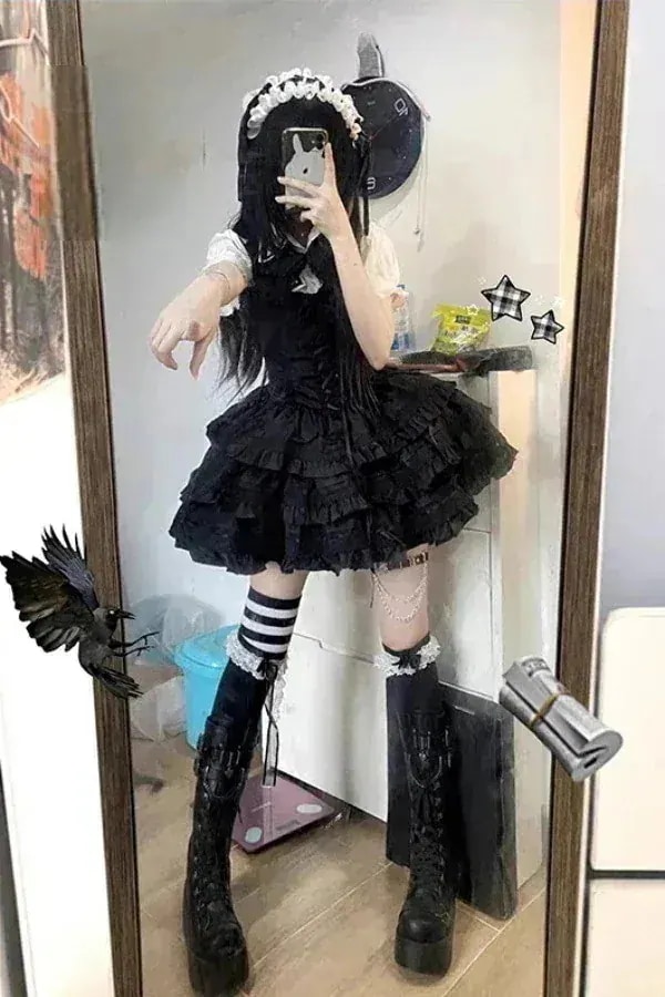 【配達料無】新作 ブラック 甘いロリータ レースバブルスリーブブラウス 黒パフスカート ロリータスーツ コスプレ コスチューム ワンピース コスチューム