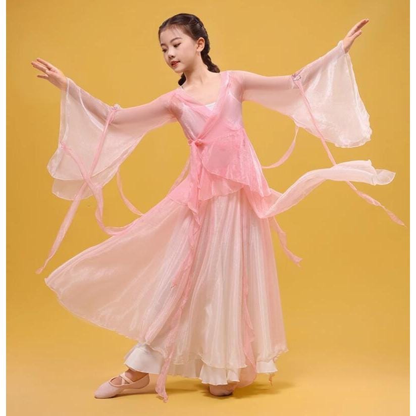 女の子古典ダンス衣装 飄逸な子供古典ダンス服 3点セット チャイナブラウス キュロットスカート 扇子古典ダンスウェア シフォン 子供 唐装漢服 古典ダンス衣装20%off