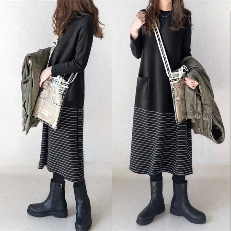 【通気性よく柔軟肌に親しい】 カジュアルボーダーポケット付きラウンドネックマキシワンピース