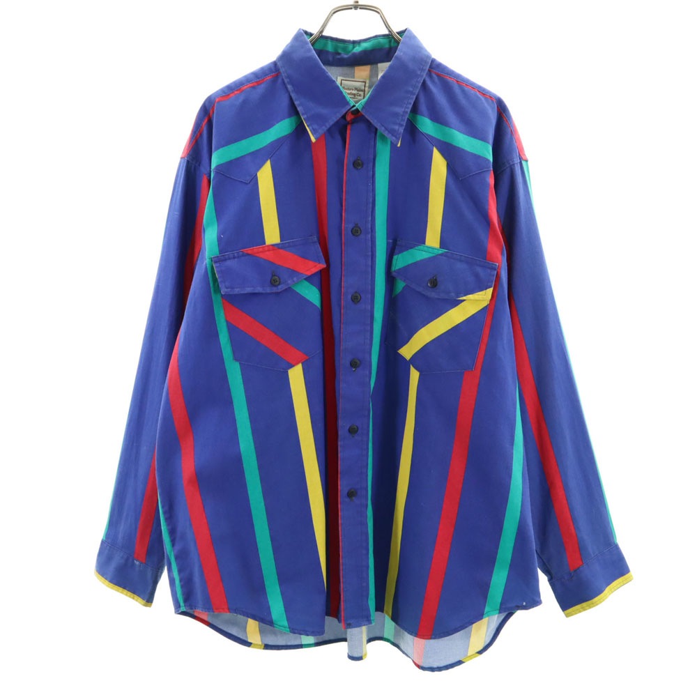 Western Plains Trading CO. 80s 90s オールド ストライプ柄 長袖 シャツ 2X ブルー系 ビッグサイズ メンズ