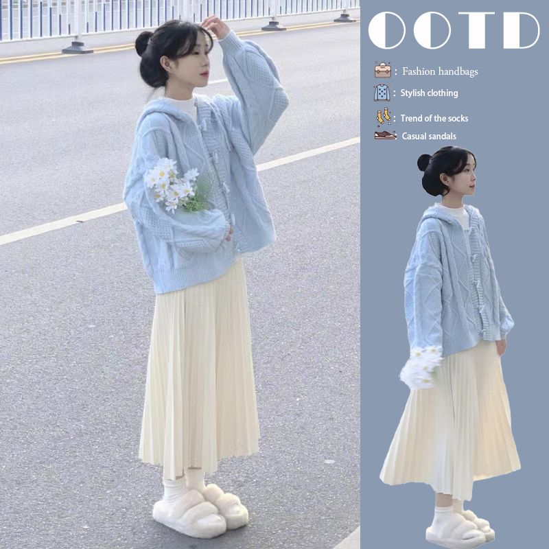 大人気！ ミルクフフライトブルーホーンボタンフード付きツイストセーターカーディガンレディース春秋怠惰なカレッジソフトワックスセーターコート その他 アウター