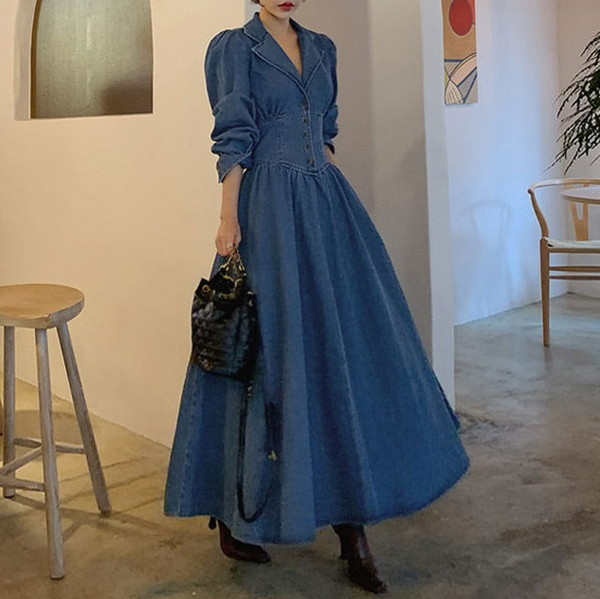 春新作 春ワンピース 秋 デニム ロング丈 ロングワンピース 長袖 ボリューム袖 ロングワンピース