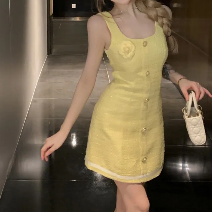 イエロー ミニワンピース カメリア ライン ワンピース ミニ レディース ショート ノースリーブ ラウンドネック Aライン ハイウエスト かわいい 大人可愛い きれいめ シンプル 上品 おしゃれ レト