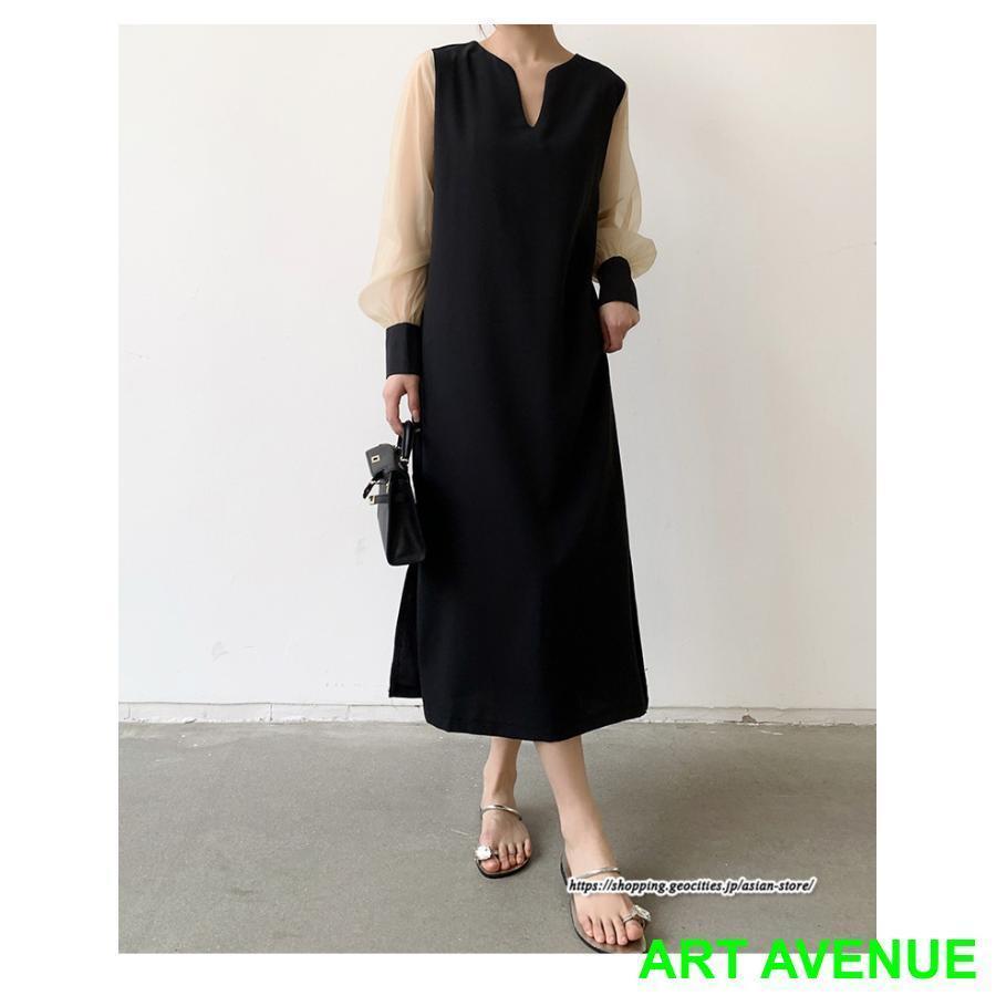 ワンピース 旬顔ぽわん袖異素材ドッキングワンピース シフォンスリーブ ワンピース 透け感 シアー スリットネック 長袖 レディース ボリューム袖 4,687円