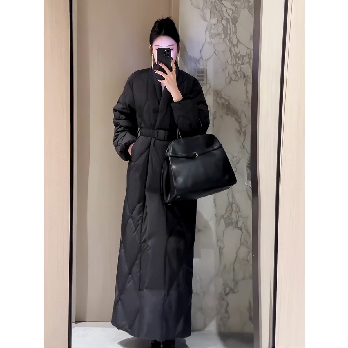 女性用ライトミドル丈ダウンジャケット2024秋冬新作ラペルダイヤモンドレース90ホワイトダックダウンルーズコート