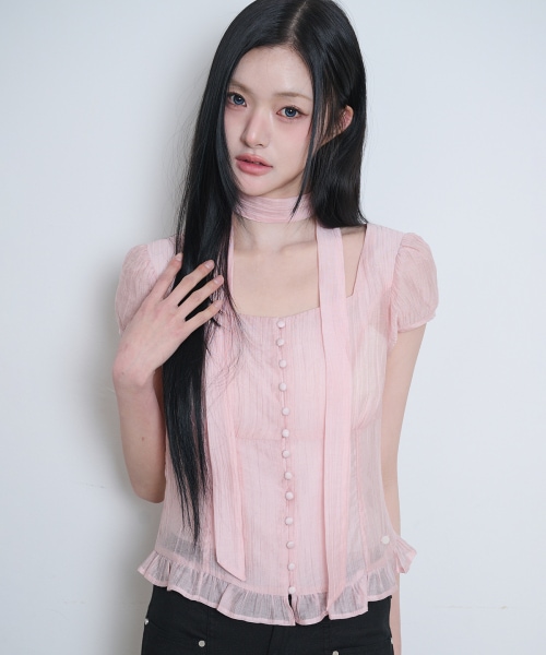 【ILLIGO】 Ribbon Tie Square Neck Blouse Pink 正規品