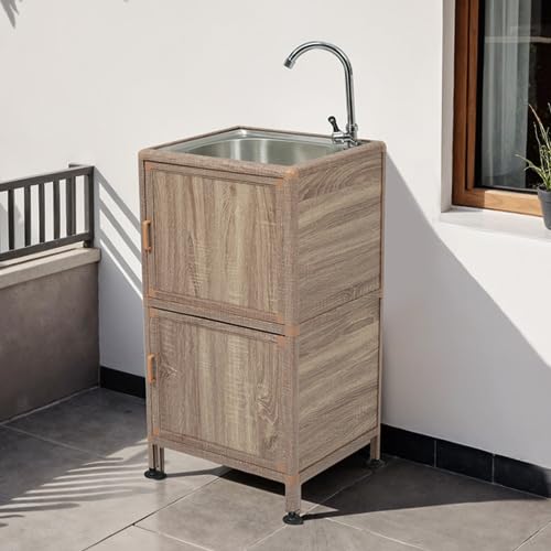 BTM 流し台 ステンレス ガーデンシンク 作業台 キッチン 台所 屋外 シンク 組み立て簡単 収納棚付 庭 高さ調節 調理台 頑丈 木目調 Type B