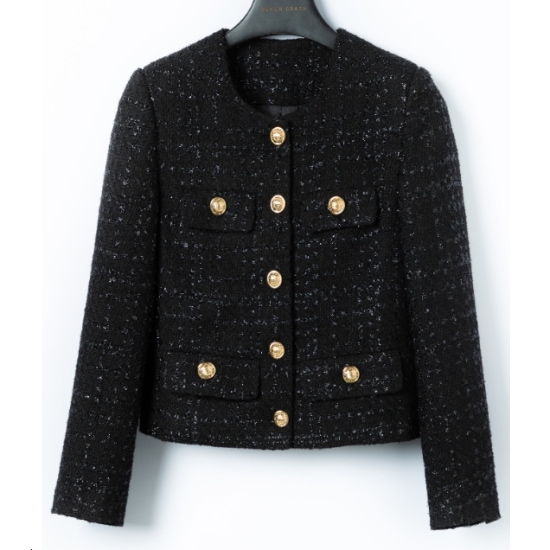 【取寄：納期2週間】ツイードジャケット レディース ノーカラージャケット アウター 羽織 長袖 ゴールドボタン ブラック 黒 ポケット カジュアル きれいめ お出掛け おしゃれ フォーマル シンプル