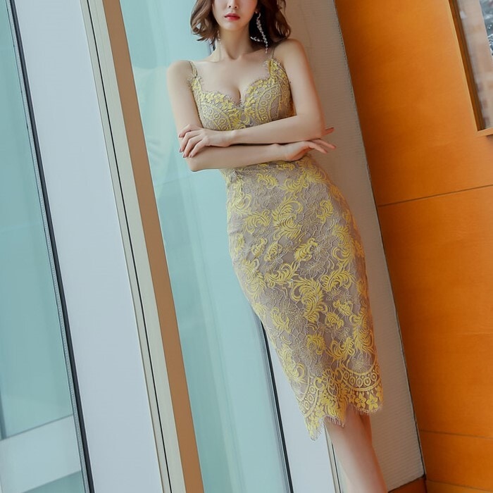 キャミソールワンピース ワン ピキャミソール イエロー レース かっこいい S M L XL 夏