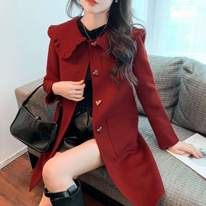 コート レディース 木苺 ハート フリルコート ロングコート ビックカラー 長袖 ポケット 大人可愛い ママコーデ 韓国 オルチャン 人気 トレンド 新作 20代 30代 40代 きれいめ