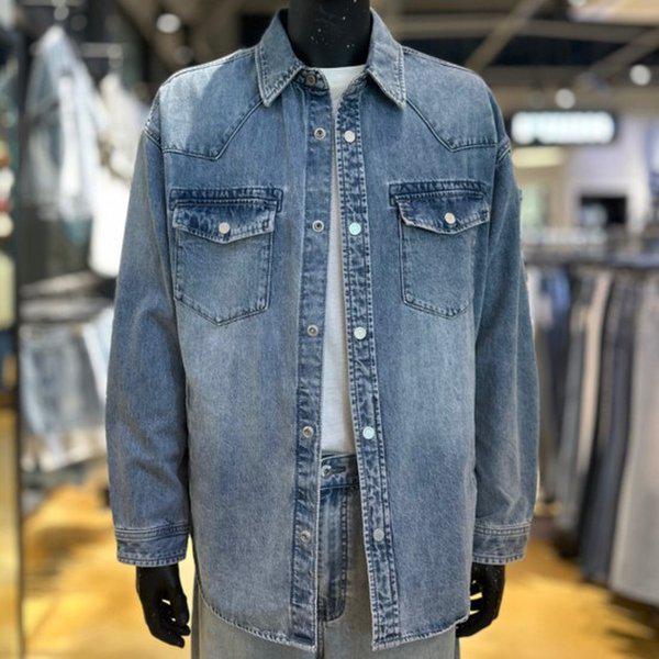 人気の男性用ウエスタンデニムシャツジャケット Mトーン_US
