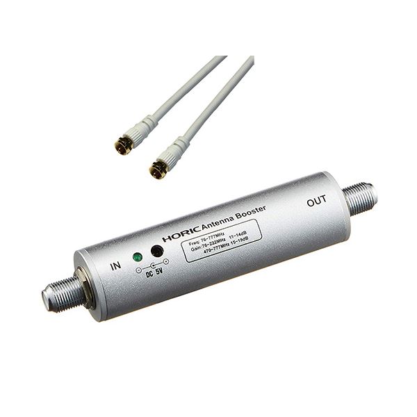 HORIC アンテナブースター 室内地デジ（UHF/VHF）専用 中継タイプ + アンテナケーブル 1m ホワイト 両側F型ネジ式コネクタ ストレート/ストレートタイプセット HAT-ABS024+