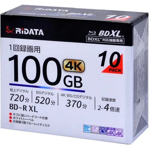 RiDATA BD-R520PW4X.10PSCB 録画用BD-R XL 1回録画用 (片面3層)スリムケース入り 10枚パック 2～4倍速 100GB ホワイト