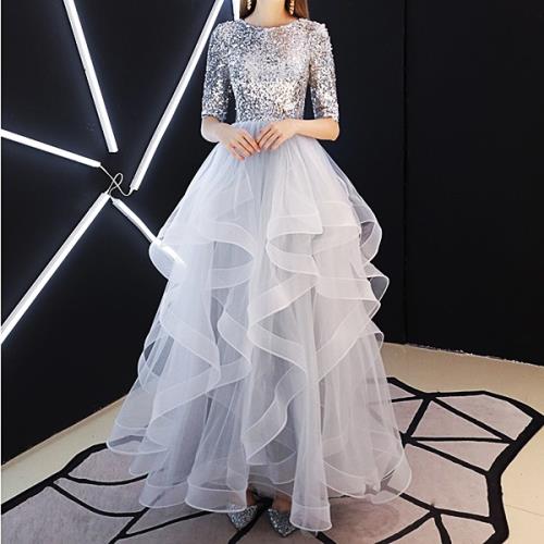 6月の新製品利用可能なポイント パーティードレス 韓国 イブニングドレス ロングドレス ドレス ラウンドネック 春 秋 冬 五分袖 ロング おしゃれ 可愛い オルチャン 大人 ワンピース 袖あり チュ