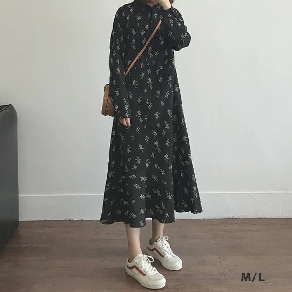 【新品】レディース上品スズラン柄シフォンワンピース 膝丈 ママ服 授乳 前ボタン M L