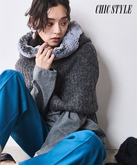 ニット フェイクファー付マントニット シックスタイル 大きいサイズ対応