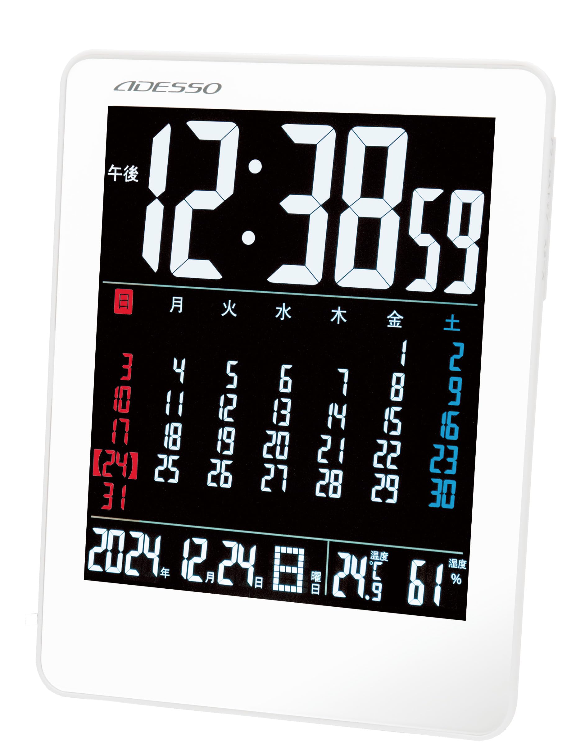 ADESSO(アデッソ) 置き時計 電波 デジタル カラーカレンダー 電波時計 温度 湿度 曜日 日付表示 置き掛け兼用 ホワイト NA-945
