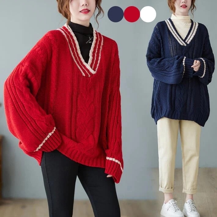 ニット　レディース　ケーブルニット　ざっくりニット　プルオーバー　ゆるニット　セーター　ケーブル柄　Vネック　大きめ　体型カバー　オーバーサイズ 無地　重ねき　おしゃれ