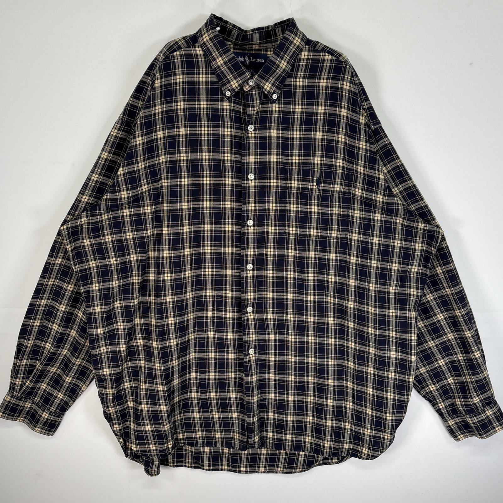 古着 90s/90年代 長袖シャツ ロゴ 刺繍 チェック柄 MCMEEL 大きいサイズ XXL ネイビー系 マルチカラー メンズ