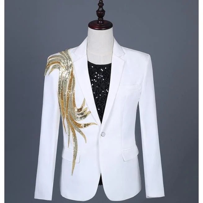 ステージ衣装メンズ スーツ ジャケット 長袖 一つ釦 金銀スパンコール おしゃれ 礼服 紳士服 男性 派手 舞台衣装 カラオケ衣装 パーティー イベント 年会 ダンス
