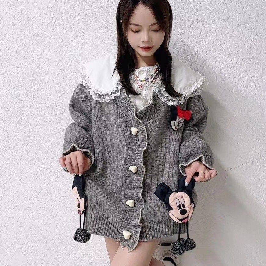 工ガ割-お気に入りのアニメ（新品）カーディガン 秋冬 ニット レディース ディズニーミッキー セーター Vネック 可愛い ニットカーディガン ゆったり トップス カジュアルカーディガン