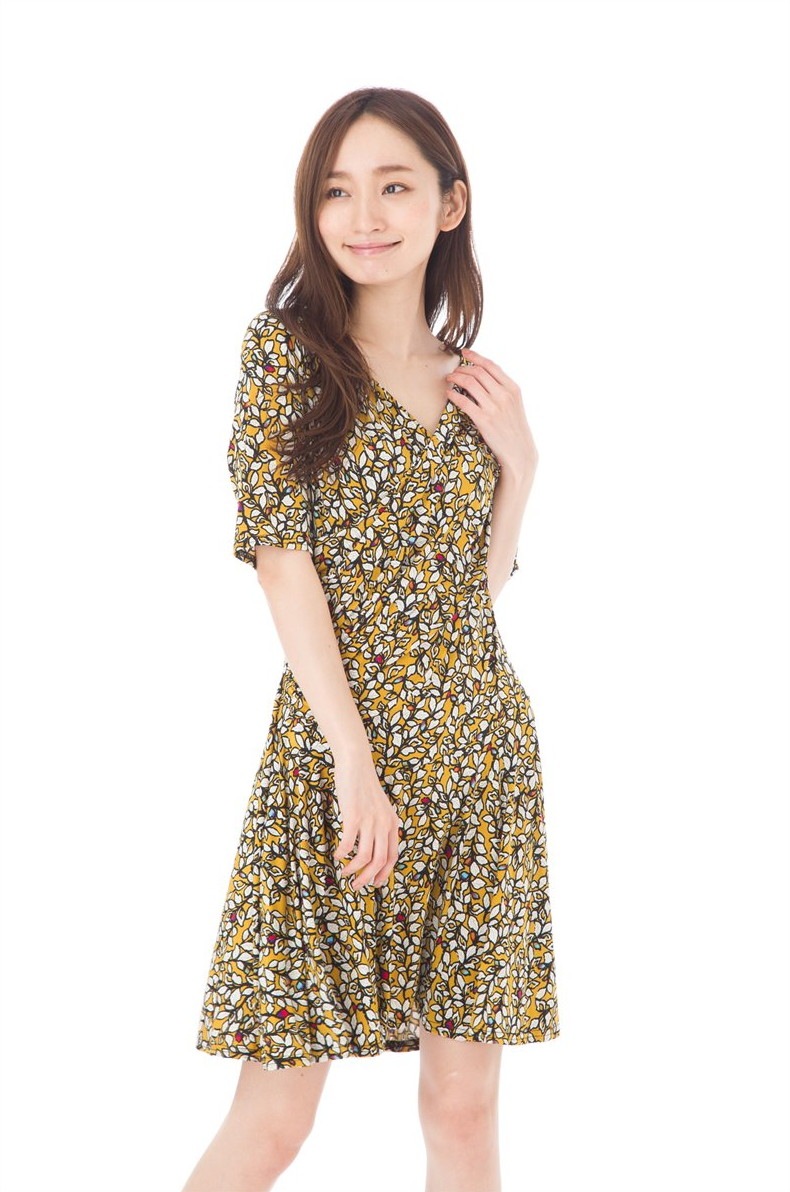 ファス(FAS)ワンピース T1 T2 T3サイズ 大人ワンピース レディース ５分袖 Vネック 膝丈 Fille A Suivre 大きいサイズ　Fille A Suivre