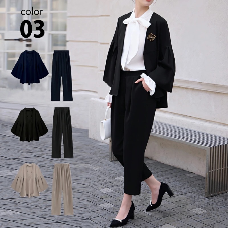 2点セット きれいめ パンツスーツ フレアスリーブ ジャケット ノーカラー 上下セット レディース [パンツドレス フォーマル セレモニースーツ 春 夏 秋 冬 トレンド 結婚式 トップス パンツ セ