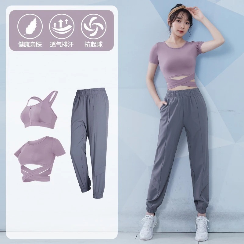 3点セットヨガウェアセット女性用ヨガウェア夏のファッション気質スポーツウェア高級タイトフィットトレーニングスウェットシャツモーニングランニングジムウェアセットスポーツウェア