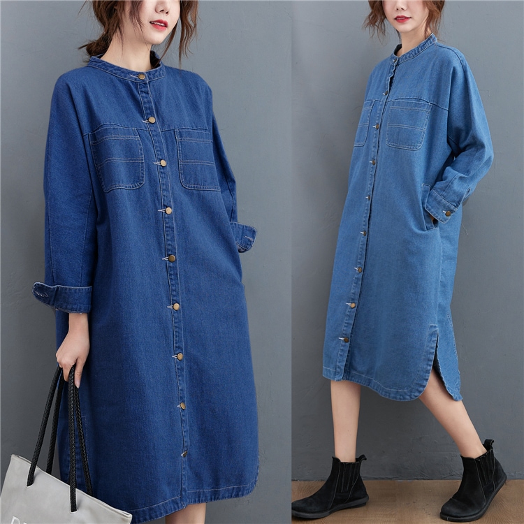 ワンピース デニムワンピース シャツワンピース スタンドカラー 長袖 フロントボタン ストレート サイドスリット ミディアム丈 ミモレ丈 レトロ セミフレア シンプル ゆったり 大人女子