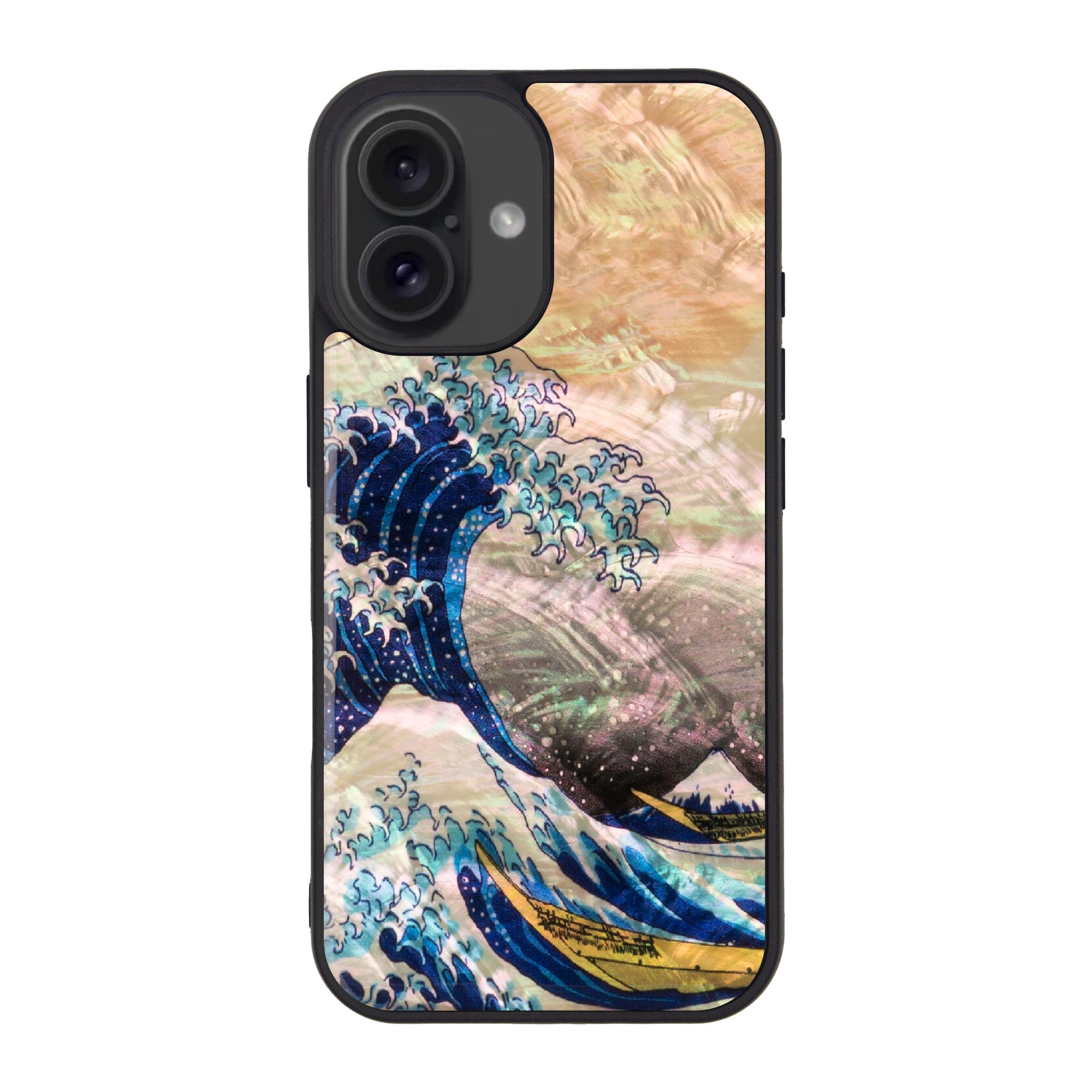 iPhone 16 天然貝ケース 神奈川沖浪裏 [ Magsafe対応 パール 光沢 表面コーティング加工 着脱しやすい ストラップホール付き ] アイフォン 保護カバー 日本 名画 K3946S【国
