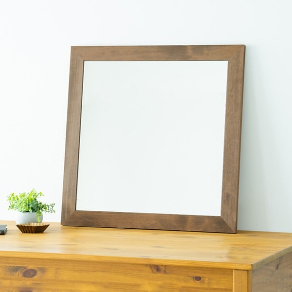 幅広枠正方形ウォールミラー(60)(アンティークブラウン/茶) 天然木 姿見鏡 ワイド 高級感 木製 飛散防止加工 壁掛け 北欧風 ヴィンテージ 韓国インテリア 玄...