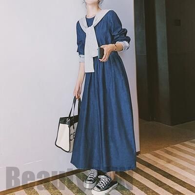 純粋な性能ワンピース カジュアル デニム 袖あり ロング丈 ロングワンピ ショール おしゃれ レディース 可愛い フェミニン ワンピ ドレス 長袖 Aライン シンプル きれいめ ハイウエスト レイヤー