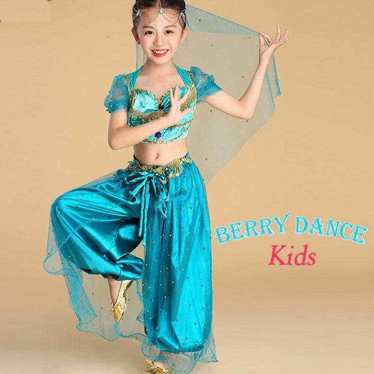 キッズ 子供 ベリーダンス 衣装 セット ベリー 衣装 コスチューム ハロウィン コスプレ アラビアン仮装 パーティー アラビアン衣装 余興用 レッスン着 パンツ ライトブルー　ジャスミン風