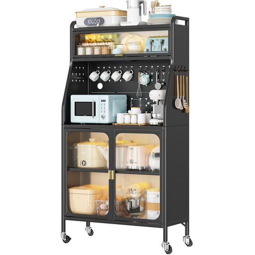 食器棚 家電収納 家電ラック 5段 キッチンラック キャスター&調整脚付き フック付き 電子レンジ 炊飯器 透明ドア 防塵 スライドドア キッチン作業台 ブラック 幅76×奥行36×高さ161.5CM 17,279円