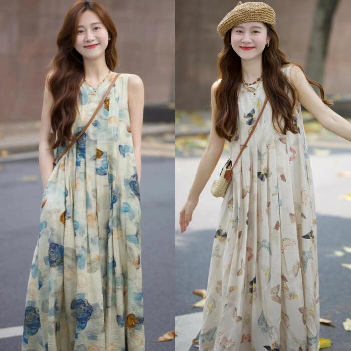 ワンピース ワンピ ドレス プリーツ プリント バタフライ ロングワンピ レディース エレガント きれいめ カジュアル ノースリーブ 大人 可愛い フェミニン ナチュラル Aライン ミモレ丈 リゾート