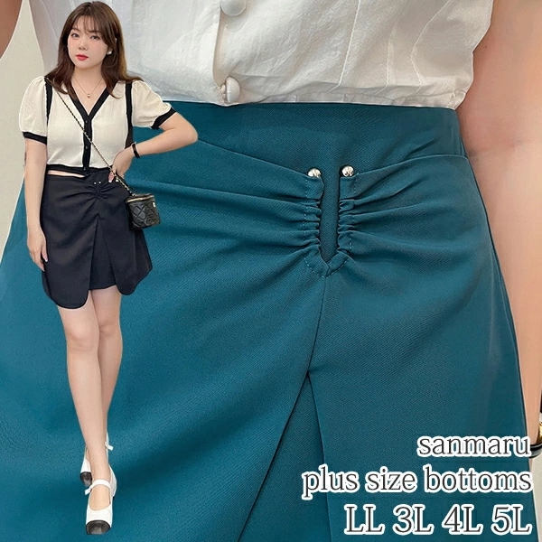 大きいサイズ ボトムス スカート アシンメトリー ウエストサイドU字金具 スリットスカート重ね着風 ショート丈 キュロット裏地付き ブラック ブルー LL 3L 4L 5L / 大人可愛い シンプル