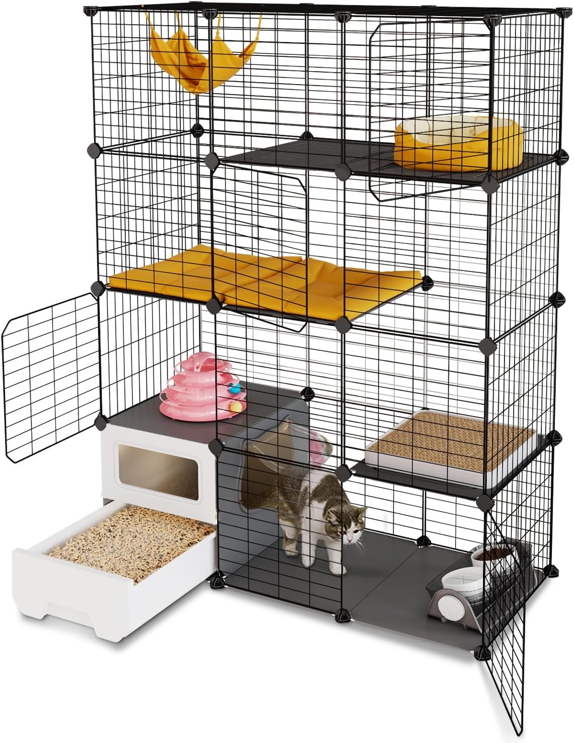 Topzoo 猫 ケージ トイレ付き 高さ143×幅107×奥行き45cm トイレ一体型 防臭 飛散軽減 3段 引き出し スコップ付き 掃除しやすい キャットケージ 組立簡単 猫用ケージ 大型 幅広