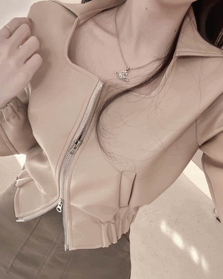 [ツーウェイファスナー] スクエアネック カラー バンディング クロップ レザー ジャケット (2colors)