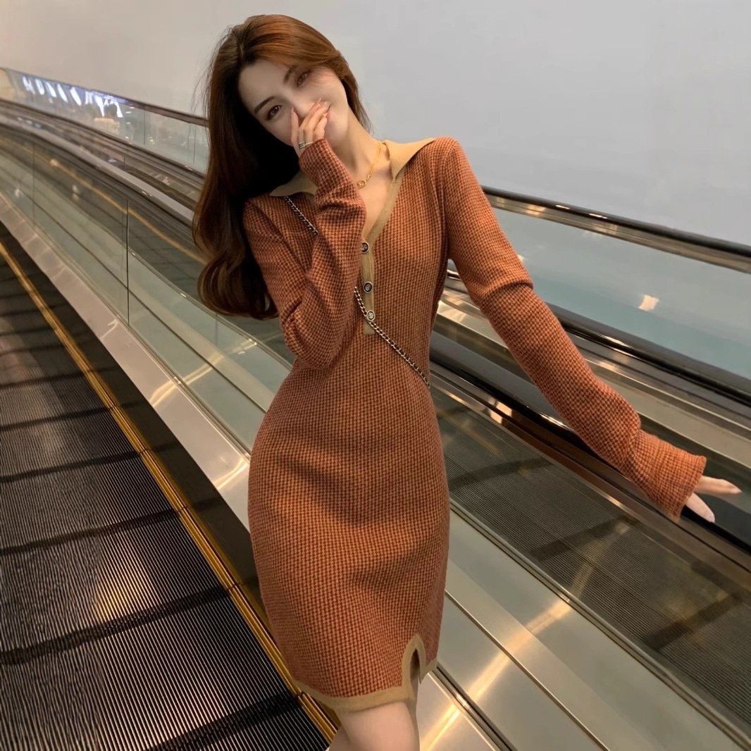 【1つ買うと10つ無料】女性のニットドレス2025年秋と冬の袖の設立スリーブ高品位気質スリムヒップスカート