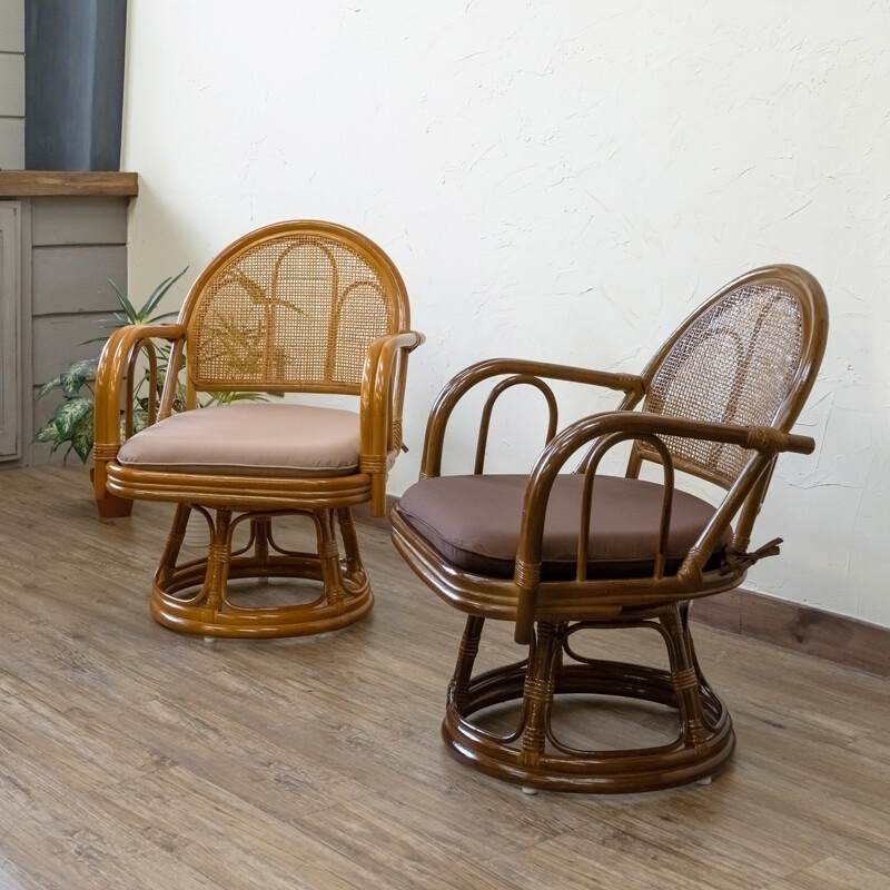 高座椅子 回転 肘掛 ラタン 籐 レトロ おしゃれ エレガント いす イス フロアチェア 完成品 座面高33cm