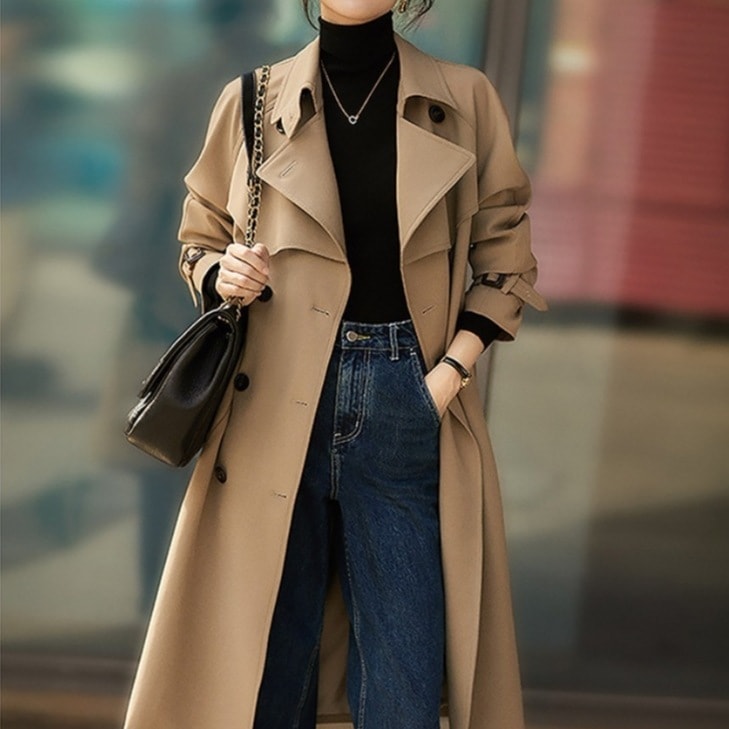 トレンチコート とろみ ダブル オルチャン 高級感 韓国 きれいめ 普段使い レディース ボタン ベルト ブラウン オフホワイト アウター ジャケット 上着 ロング丈 長袖 スリム 細身