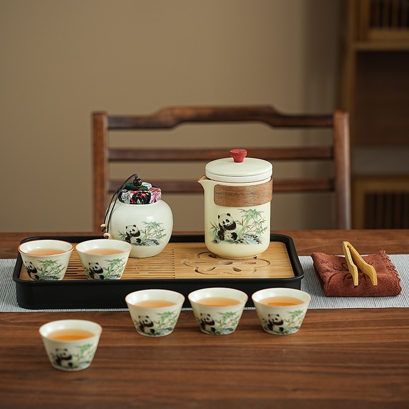 国風汝窯パンダカンフー茶器携帯アウトドア旅行茶器ほうじ茶壺嘉賞記念定印