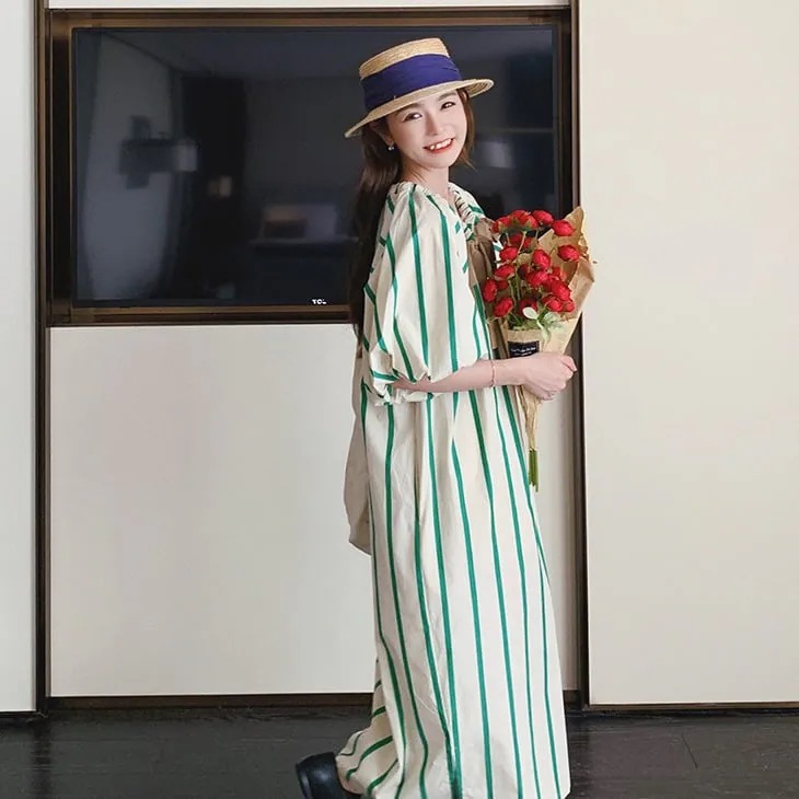 ワンピース 夏 秋 ロング マタニティ ストライプ ロングワンピース レディース シャツワンピース ロング丈 半袖 韓国ワンピース 春秋 体型カバー