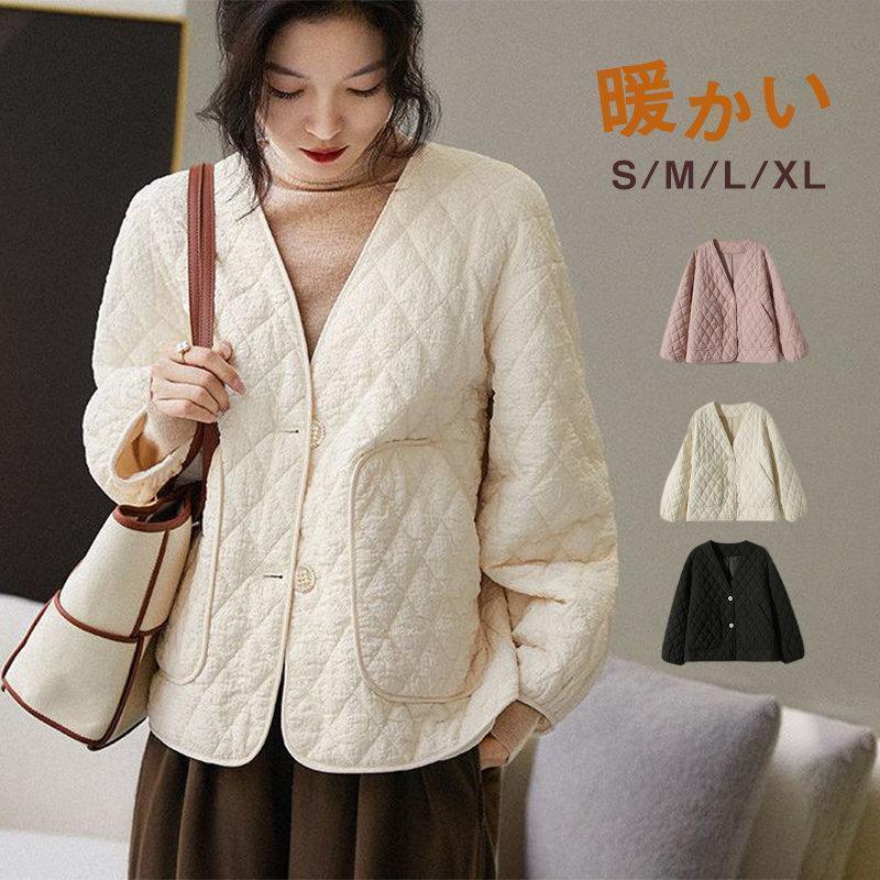 中綿コート レディース キルティングコート ダウンジャケット ダウンコート ショット丈 軽量 アウター 韓国風 ノーカラー L 通勤