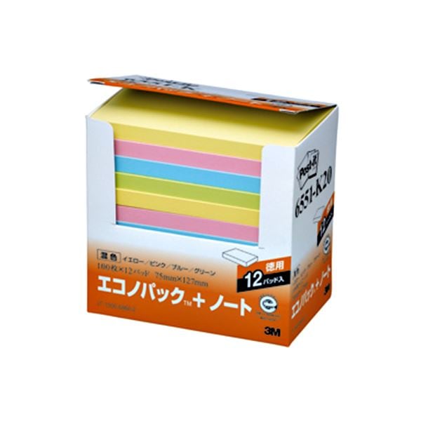(まとめ) 3M ポストイット エコノパック ノート 再生紙 75×127mm 混色 6551-K20 1パック(12冊) (×5セット)
